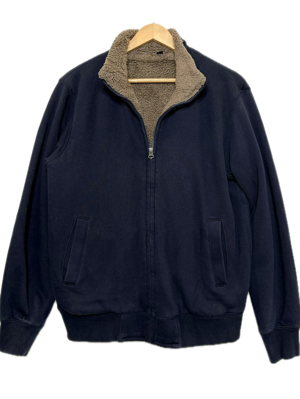 Uniqlo Mens Sherpa Lined Fleece Zip Sweatshirt Jacket Size M Navy & Brown Cozy